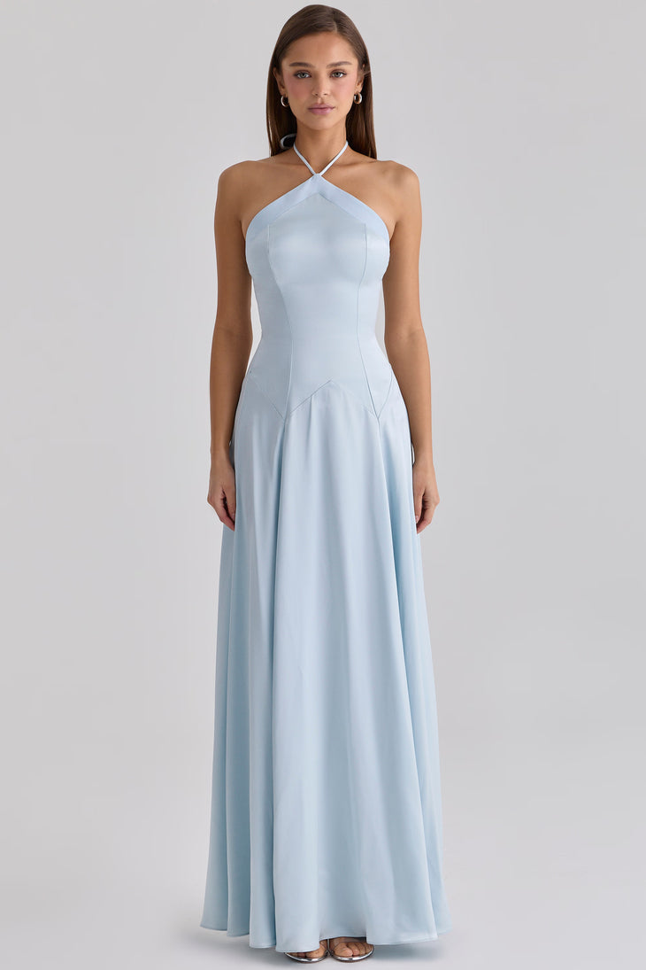 Light blue satin halter neck maxi dress with godet panels and fitted bodice — House of CB | Endless UAE