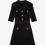 Black ribbed buttoned stretch-knit mini dress with half sleeves — Maje | Endless UAE