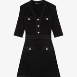 Black ribbed buttoned stretch-knit mini dress with half sleeves — Maje | Endless UAE