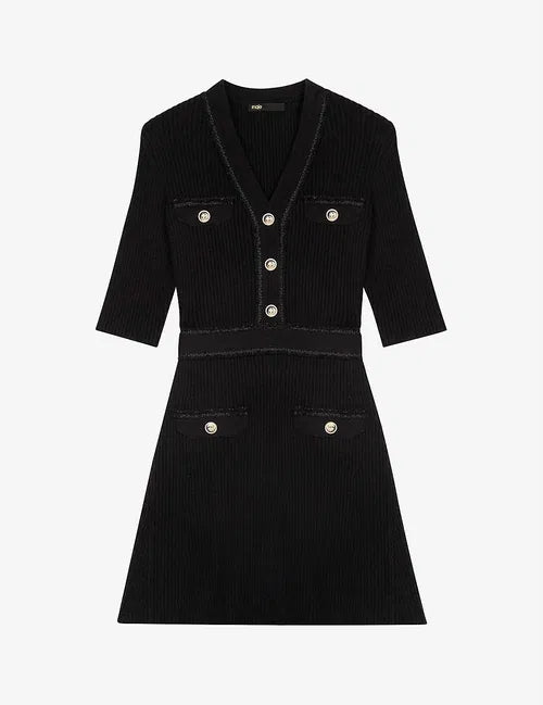 Black ribbed buttoned stretch-knit mini dress with half sleeves — Maje | Endless UAE