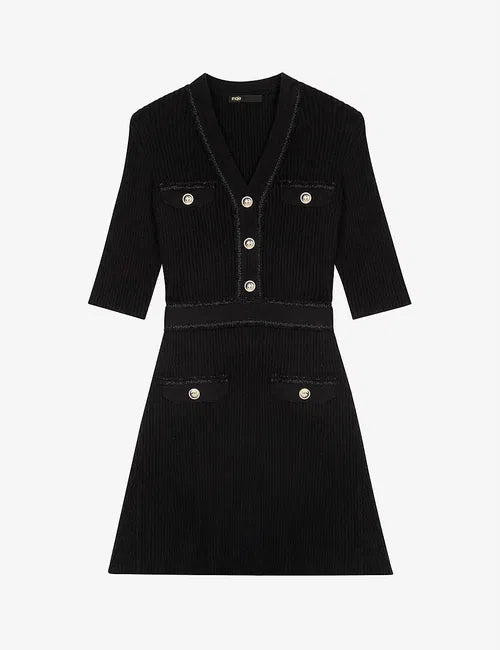Black ribbed buttoned stretch-knit mini dress with half sleeves — Maje | Endless UAE