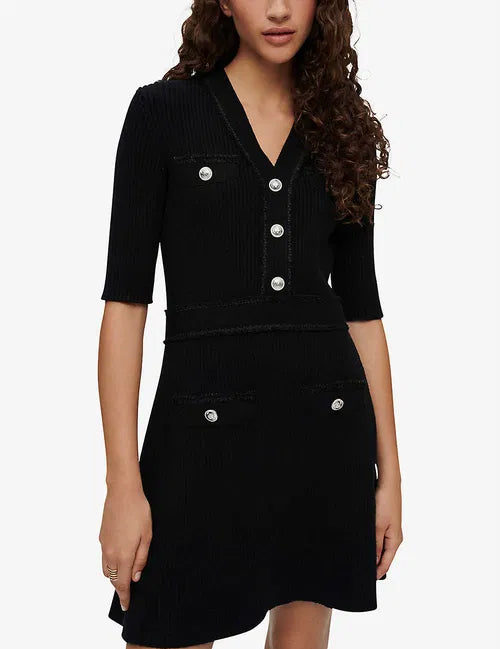 Black ribbed buttoned stretch-knit mini dress with half sleeves — Maje | Endless UAE
