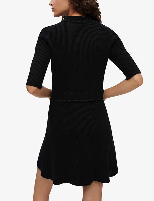 Black ribbed buttoned stretch-knit mini dress with half sleeves — Maje | Endless UAE