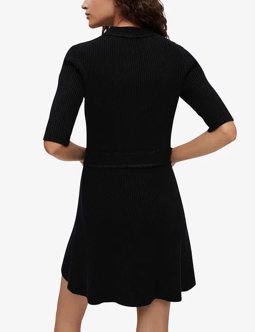 Black ribbed buttoned stretch-knit mini dress with half sleeves — Maje | Endless UAE
