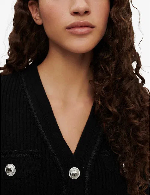 Black ribbed buttoned stretch-knit mini dress with half sleeves — Maje | Endless UAE