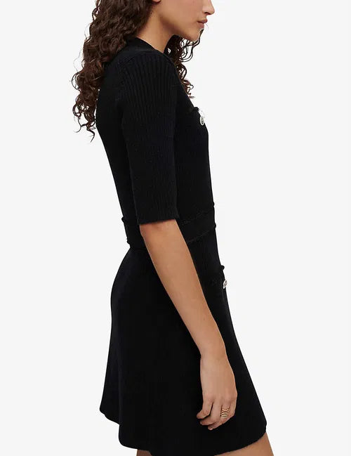 Black ribbed buttoned stretch-knit mini dress with half sleeves — Maje | Endless UAE