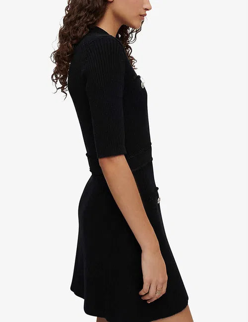 Black ribbed buttoned stretch-knit mini dress with half sleeves — Maje | Endless UAE