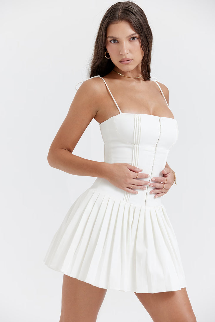 White pleated mini dress with corset bodice and thin straps — House of CB | Endless UAE