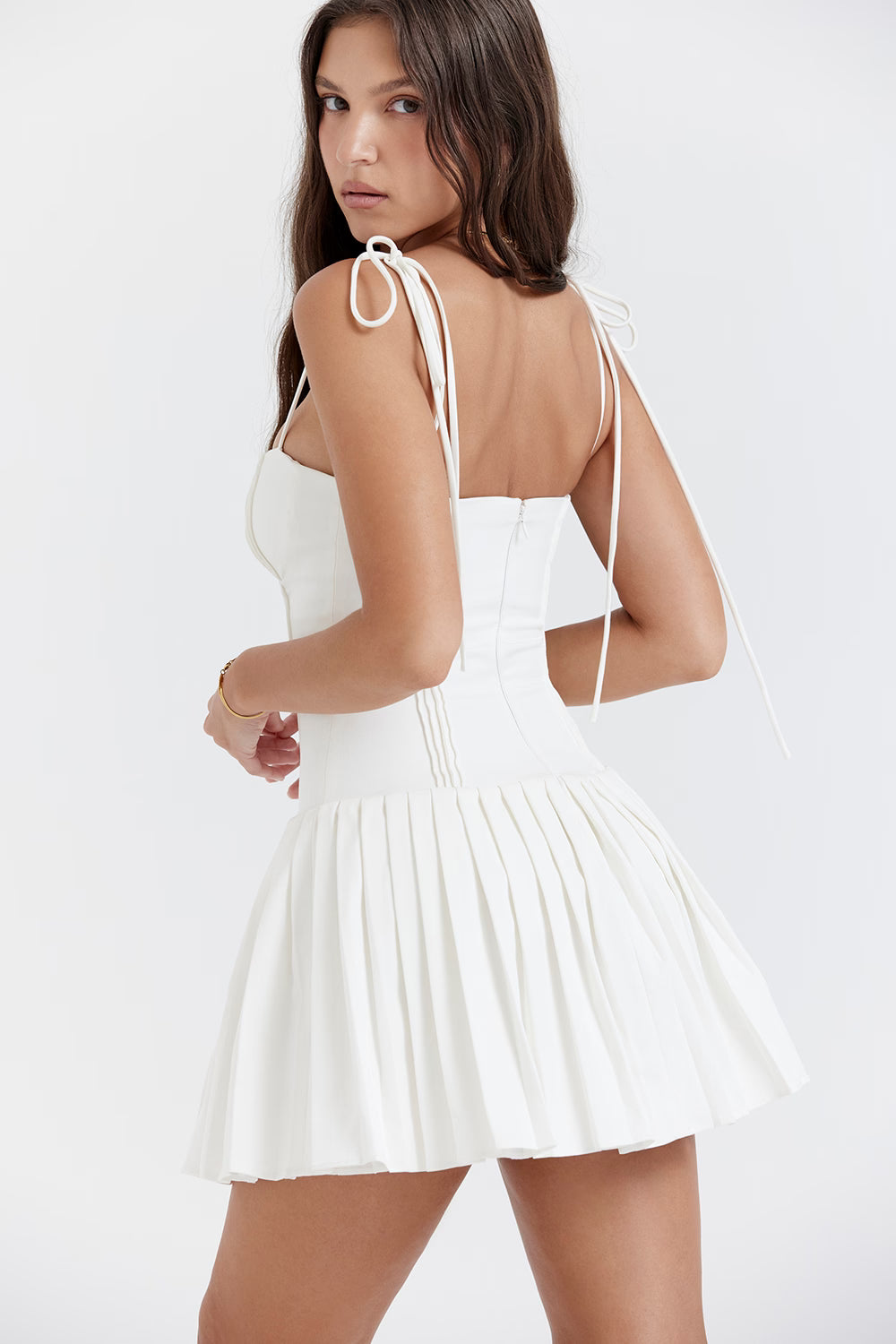 White pleated mini dress with corset bodice and thin straps — House of CB | Endless UAE