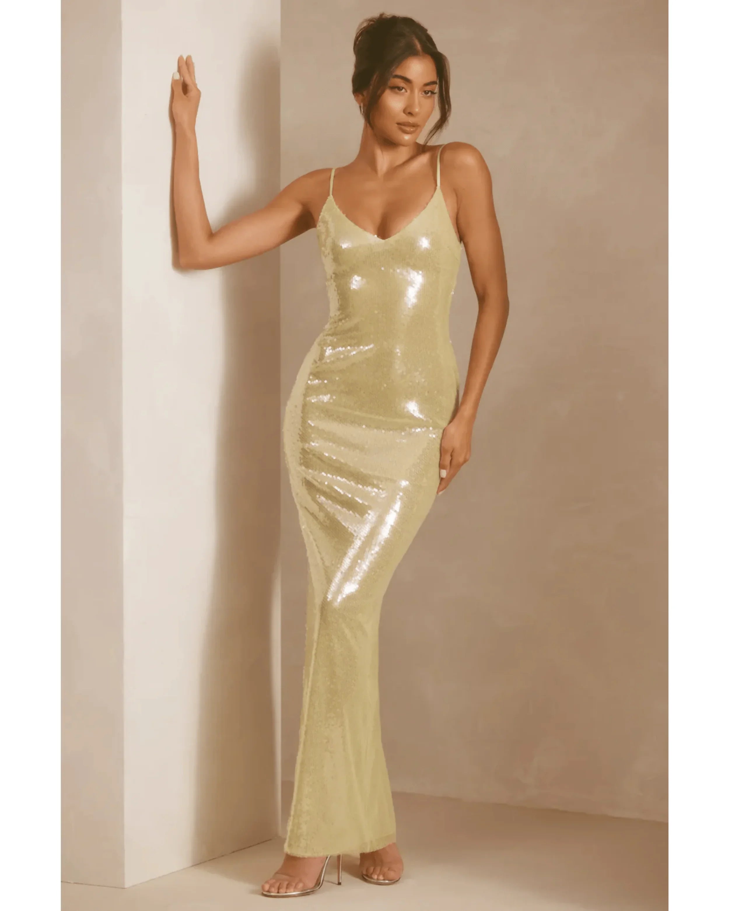 Marlena Sheer Sequin V-Neck Cut Out Back Evening Gown - Endless - UAE Rental and Resale for Women's Fashion