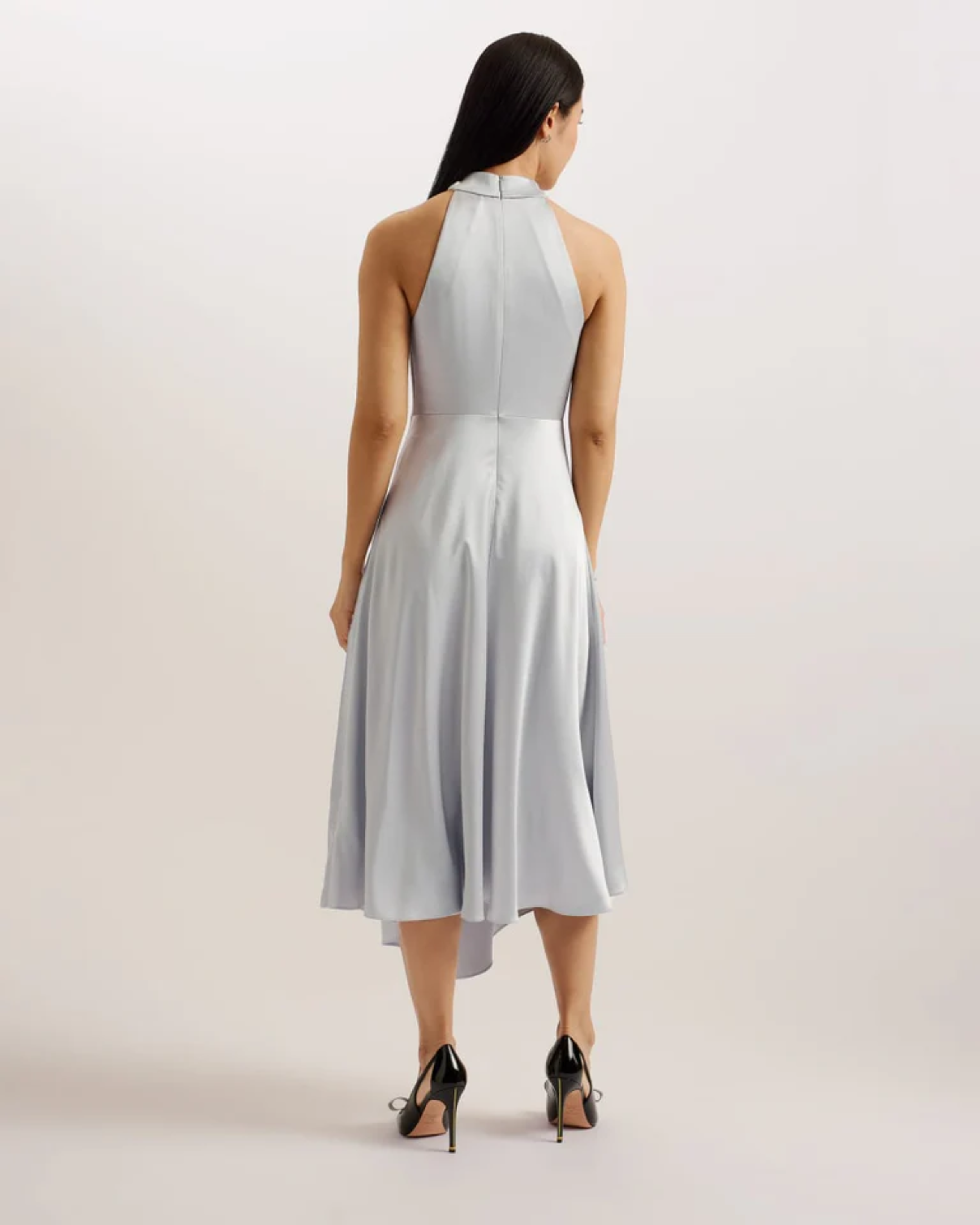 Masae Twist Neck Satin Asymmetric Midi Dress Lt-Grey - Endless - UAE Rental and Resale for Women's Fashion