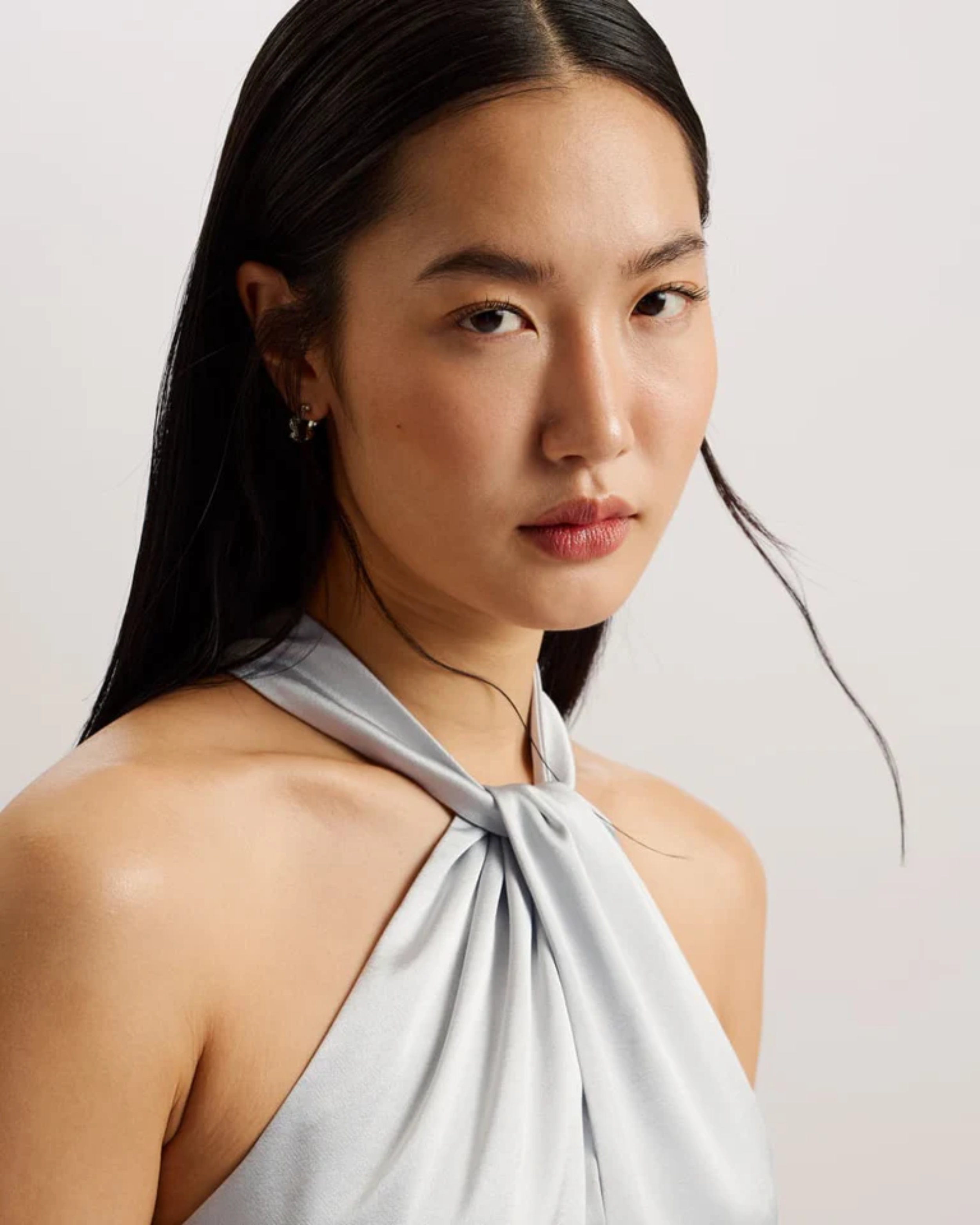 Masae Twist Neck Satin Asymmetric Midi Dress Lt-Grey - Endless - UAE Rental and Resale for Women's Fashion