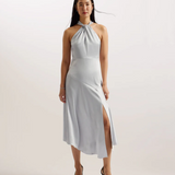 Masae Twist Neck Satin Asymmetric Midi Dress Lt-Grey - Endless - UAE Rental and Resale for Women's Fashion