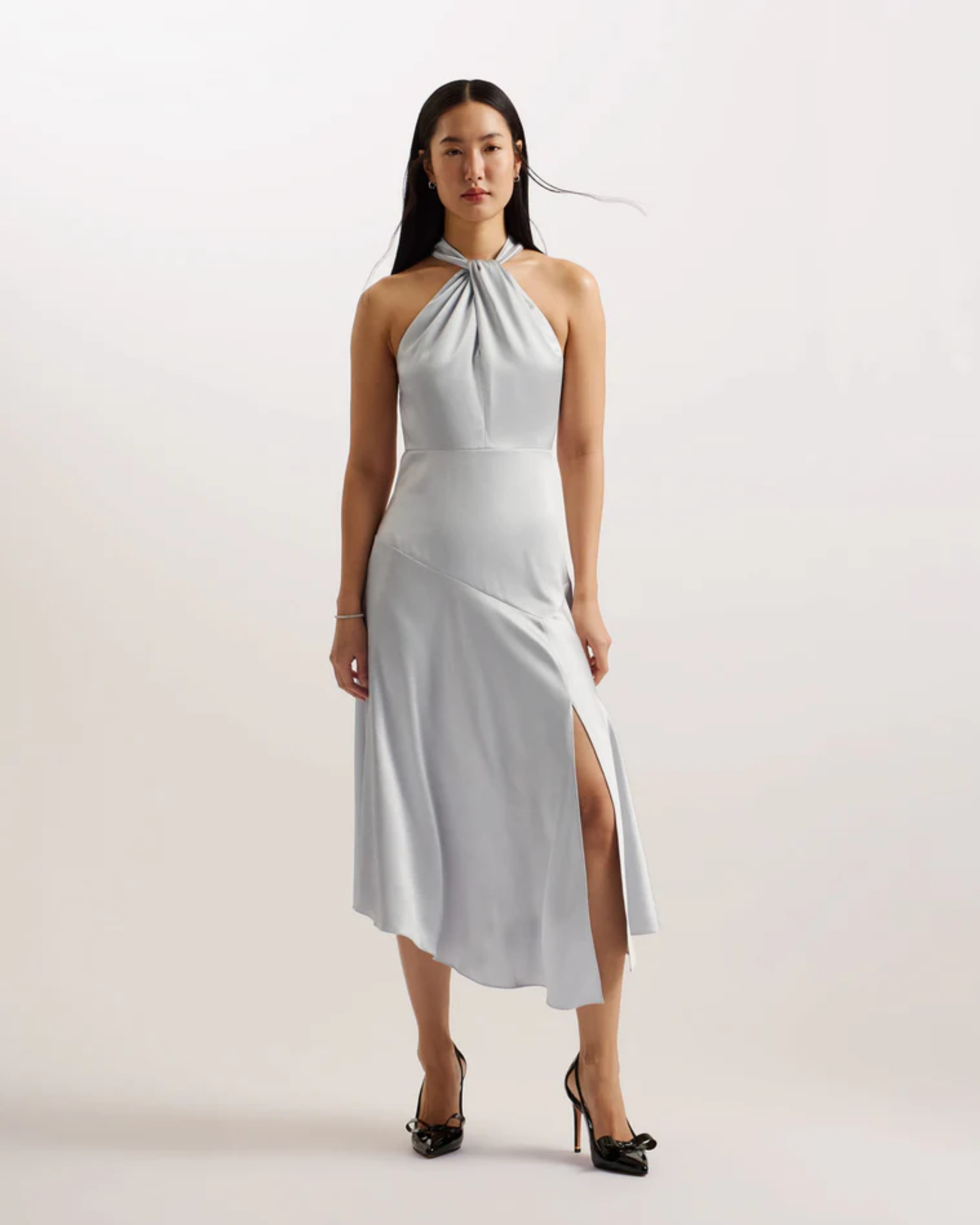 Masae Twist Neck Satin Asymmetric Midi Dress Lt-Grey - Endless - UAE Rental and Resale for Women's Fashion