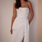Elegant white strapless wedding dress with draped bodice and high slit skirt — Milla Nova | Endless UAE