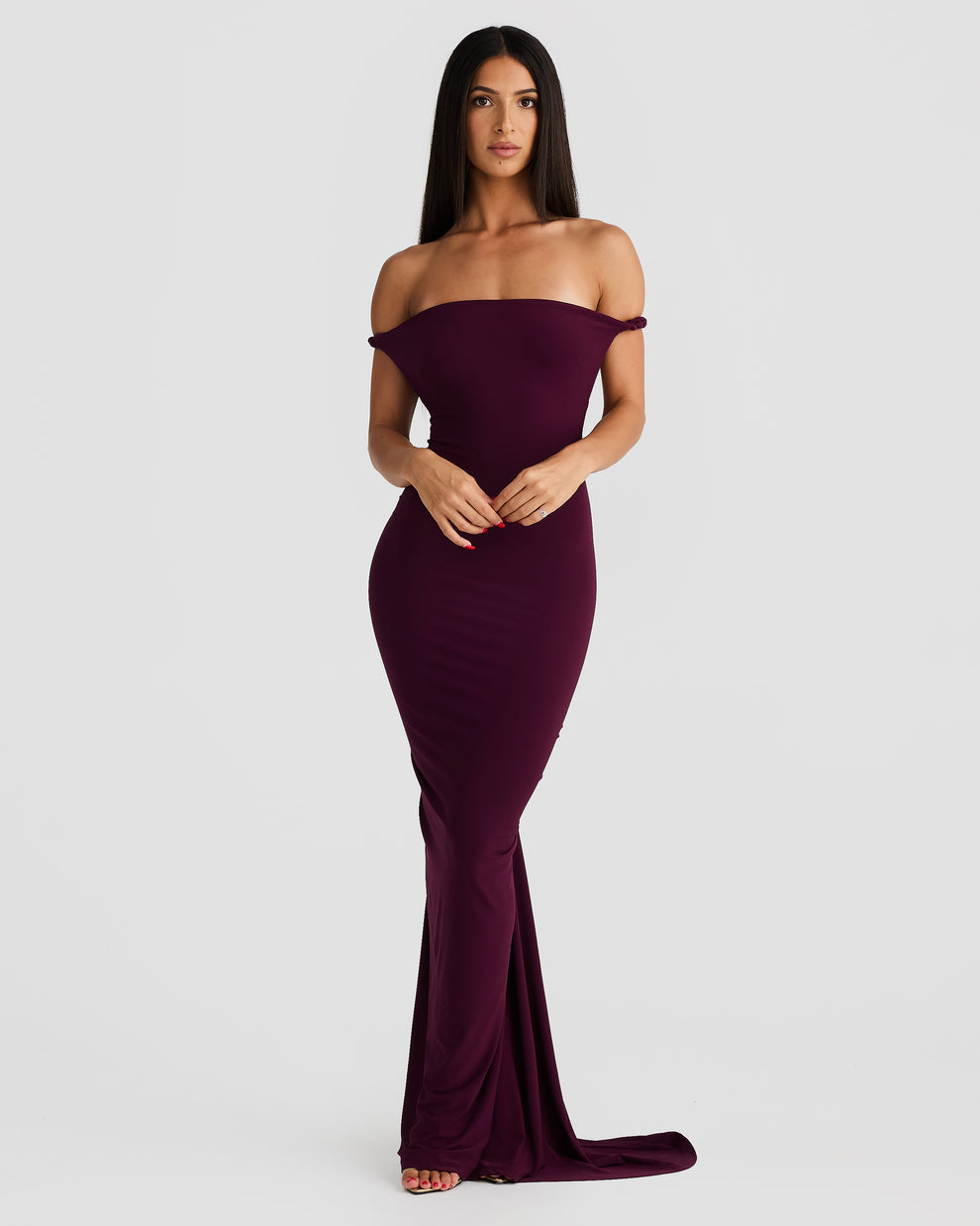 Burgundy off-shoulder mermaid gown with train and form-fitting silhouette — Melani The Label | Endless UAE