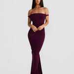 Burgundy off-shoulder mermaid gown with train and form-fitting silhouette — Melani The Label | Endless UAE