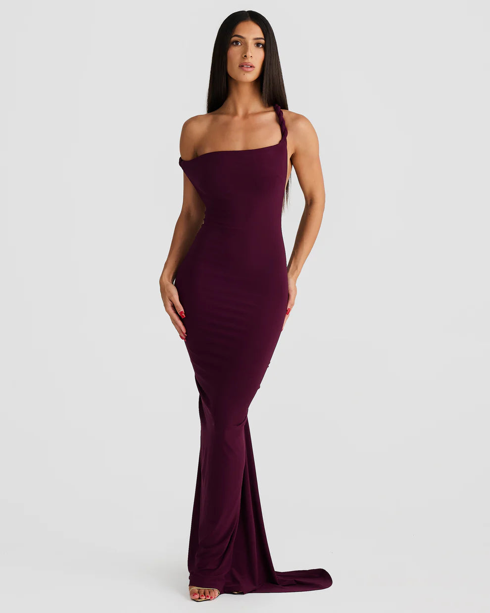 Maia burgundy one-shoulder fitted maxi dress with train — Melani The Label | Endless UAE