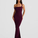 Maia burgundy one-shoulder fitted maxi dress with train — Melani The Label | Endless UAE