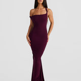 Maia burgundy one-shoulder fitted maxi dress with train — Melani The Label | Endless UAE