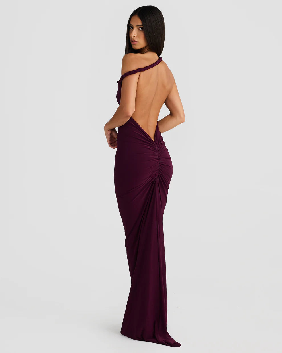 Elegant burgundy backless evening gown with ruched detailing and off-shoulder straps — Melani The Label | Endless UAE