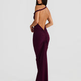 Elegant burgundy backless evening gown with ruched detailing and off-shoulder straps — Melani The Label | Endless UAE