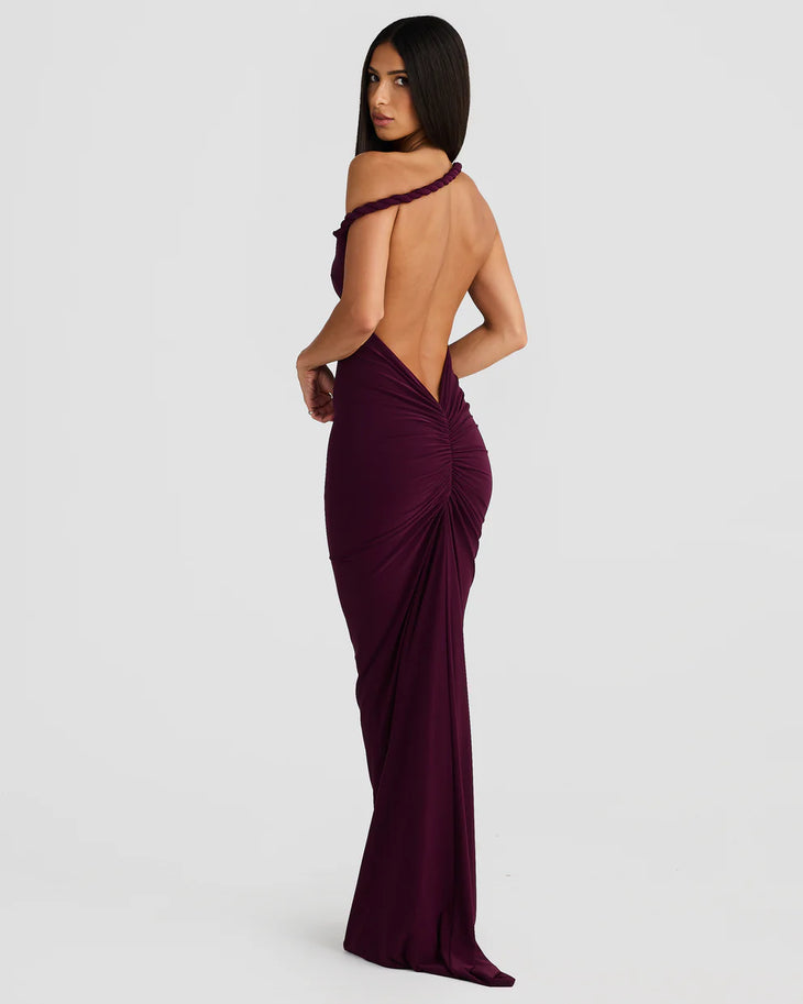Elegant burgundy backless evening gown with ruched detailing and off-shoulder straps — Melani The Label | Endless UAE