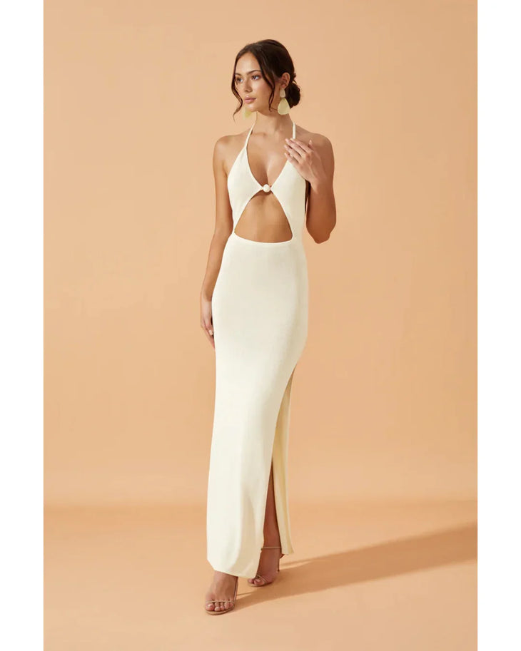 Zoelle Dress in cream with halter neckline and cutout details — Flook The Label | Endless UAE