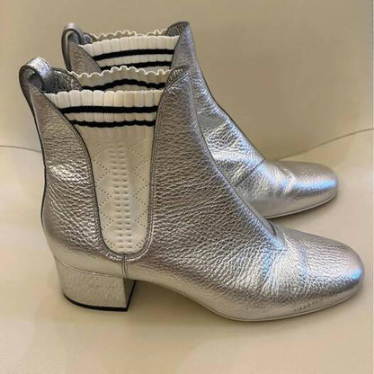 Metallic Silver Leather Block Heel Boots - Endless