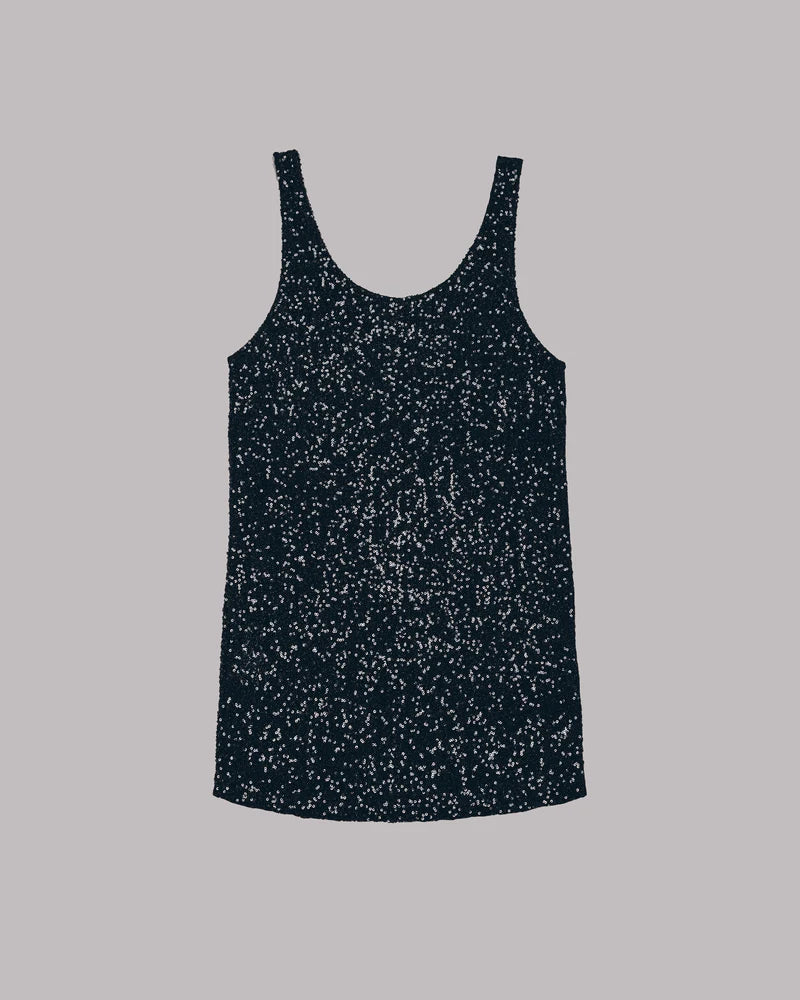Black sequin embellished sleeveless tank dress with scoop neckline on grey background — Mikuta | Endless UAE