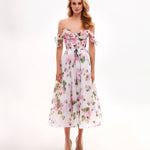 Tender Floral Midi Tie-Strap Dress in pink roses and green leaves on white — Milla | Endless UAE