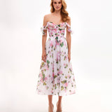Tender Floral Midi Tie-Strap Dress in pink roses and green leaves on white — Milla | Endless UAE