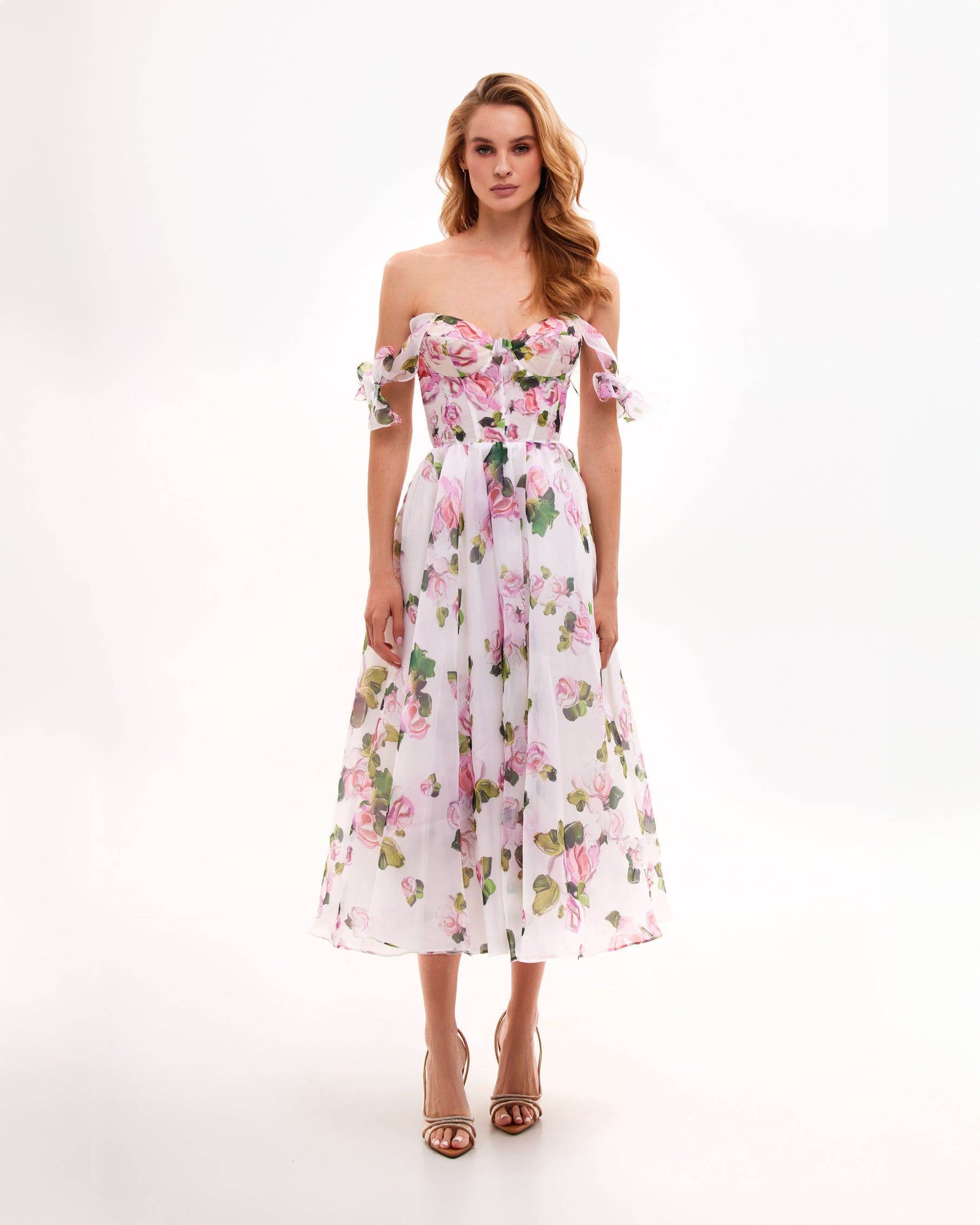 Tender Floral Midi Tie-Strap Dress in pink roses and green leaves on white — Milla | Endless UAE