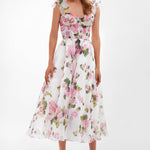 Tender Floral Midi Tie-Strap Dress in pink roses and green leaves on white — Milla | Endless UAE