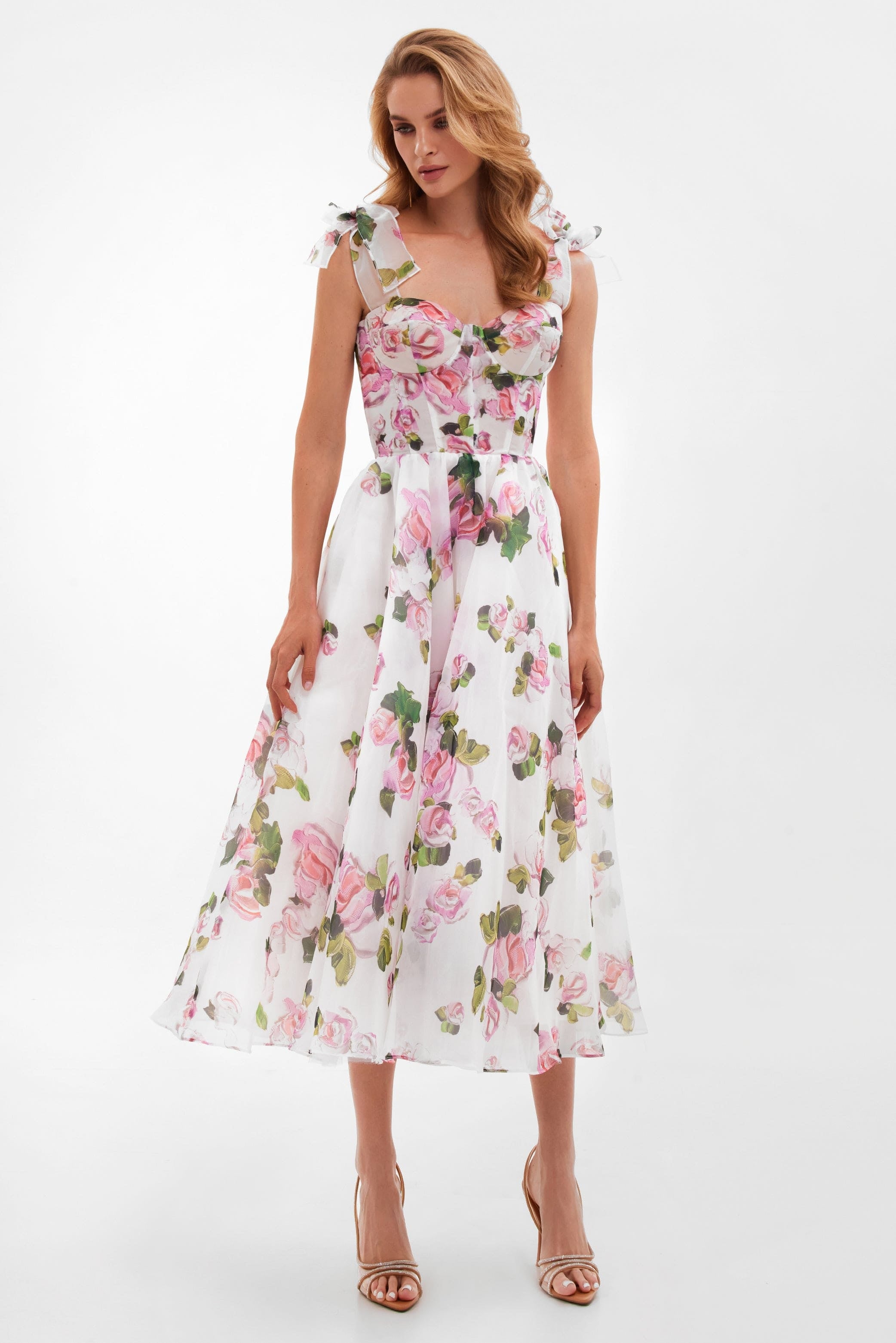 Tender Floral Midi Tie-Strap Dress in pink roses and green leaves on white — Milla | Endless UAE