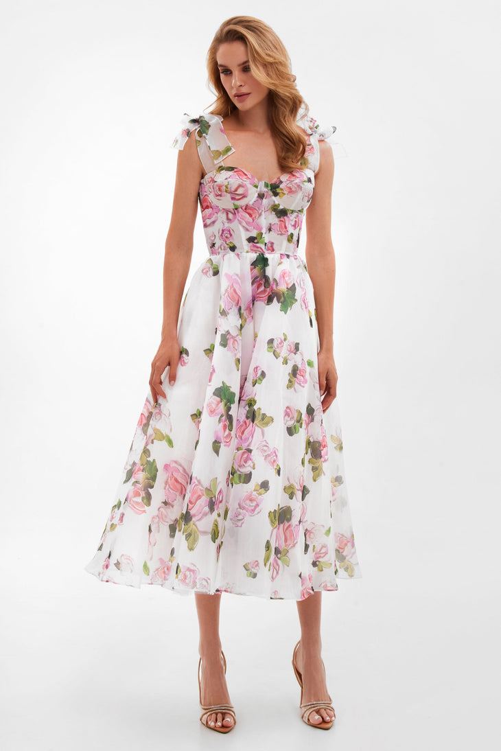 Tender Floral Midi Tie-Strap Dress in pink roses and green leaves on white — Milla | Endless UAE
