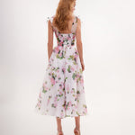 Tender Floral Midi Tie-Strap Dress in pink roses and green leaves on white — Milla | Endless UAE