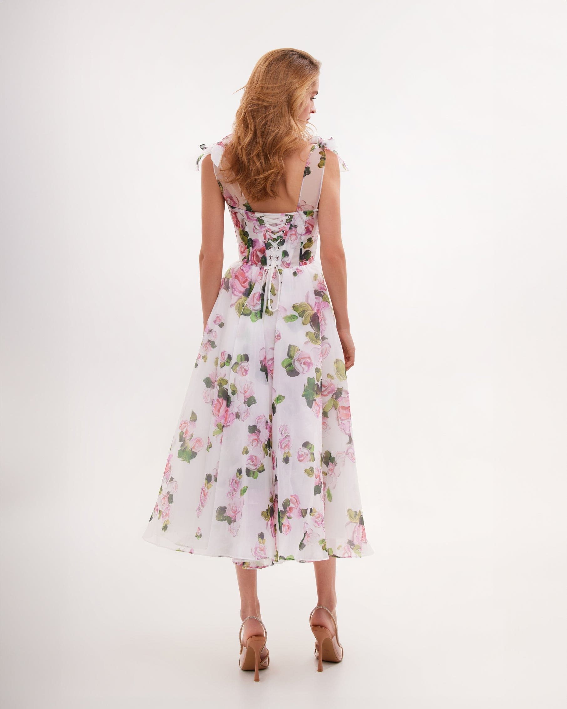 Tender Floral Midi Tie-Strap Dress in pink roses and green leaves on white — Milla | Endless UAE