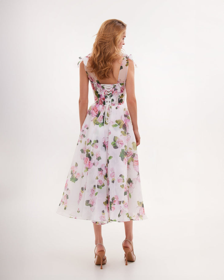 Tender Floral Midi Tie-Strap Dress in pink roses and green leaves on white — Milla | Endless UAE
