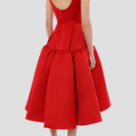 Red satin sleeveless midi dress with bow belt and full skirt — Huishan Zhang | Endless UAE