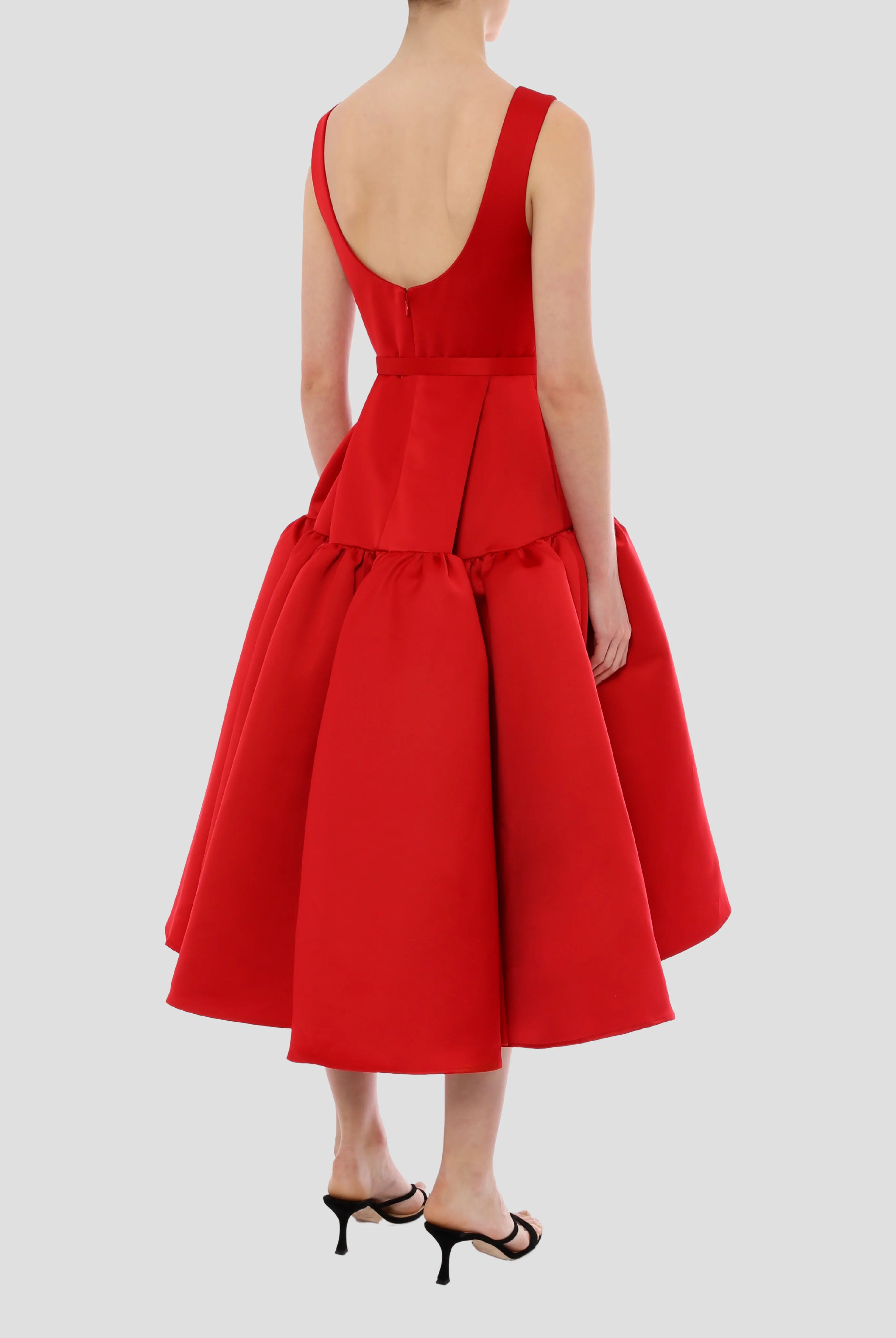 Red satin sleeveless midi dress with bow belt and full skirt — Huishan Zhang | Endless UAE