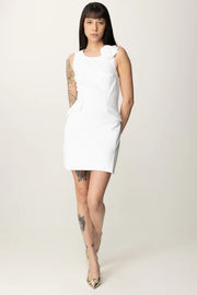 White sleeveless mini dress with floral applique detail and gold metallic heels — Elisabetta Franchi | Endless UAE