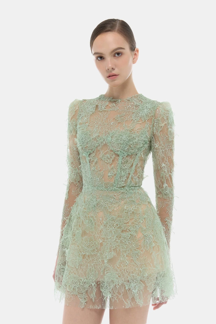 Elegant mint green beaded lace mini dress with long sleeves and floral embroidery on white background — Montsand | Endless UAE
