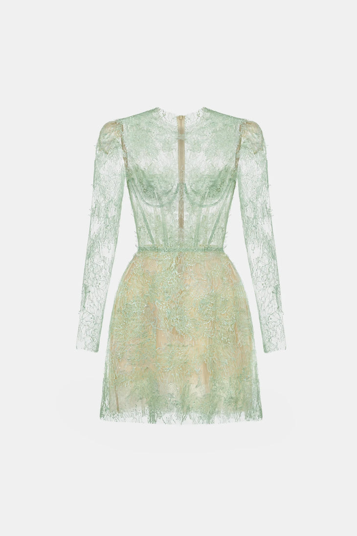 Mint green beaded lace mini dress with long sleeves and sheer overlay on white background — Montsand | Endless UAE