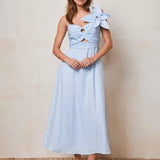 Woman wearing light blue linen midi dress with cut-out detail and bow shoulder — Mint Velvet | Endless UAE