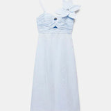 Woman wearing light blue linen midi dress with cut-out detail and bow shoulder — Mint Velvet | Endless UAE