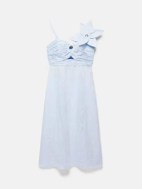 Woman wearing light blue linen midi dress with cut-out detail and bow shoulder — Mint Velvet | Endless UAE