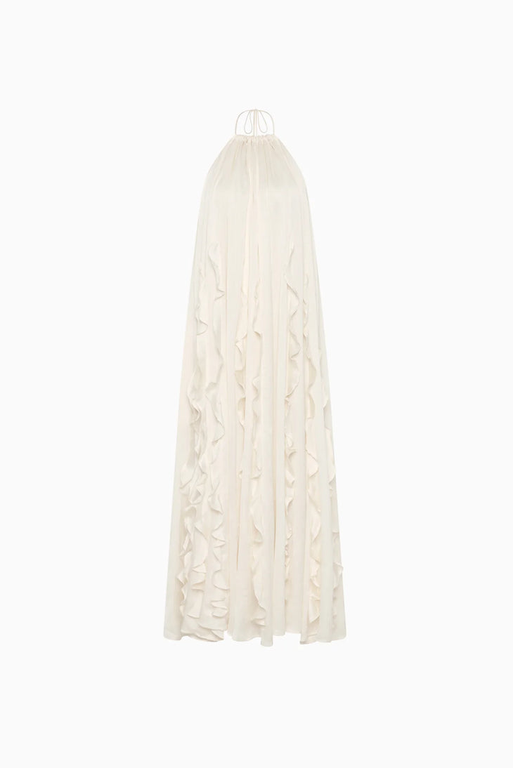 Ivory halterneck maxi dress with cascading ruffle details in flowy chiffon fabric — Maggie Marilyn | Endless UAE