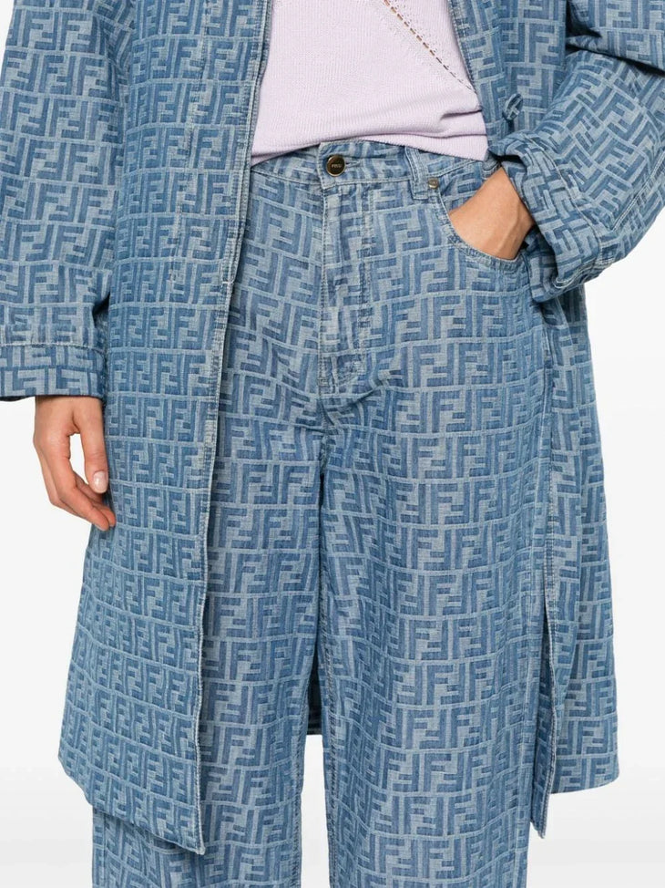 Fendi monogram chambray cotton jeans with high waist and straight leg silhouette — Fendi | Endless UAE