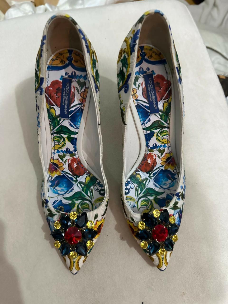 Multicolor Majolica Print Brocade Fabric Bellucci Crystal Embellished Pointed Toe Pumps - Endless - UAE Rental and Resale for Women's Fashion